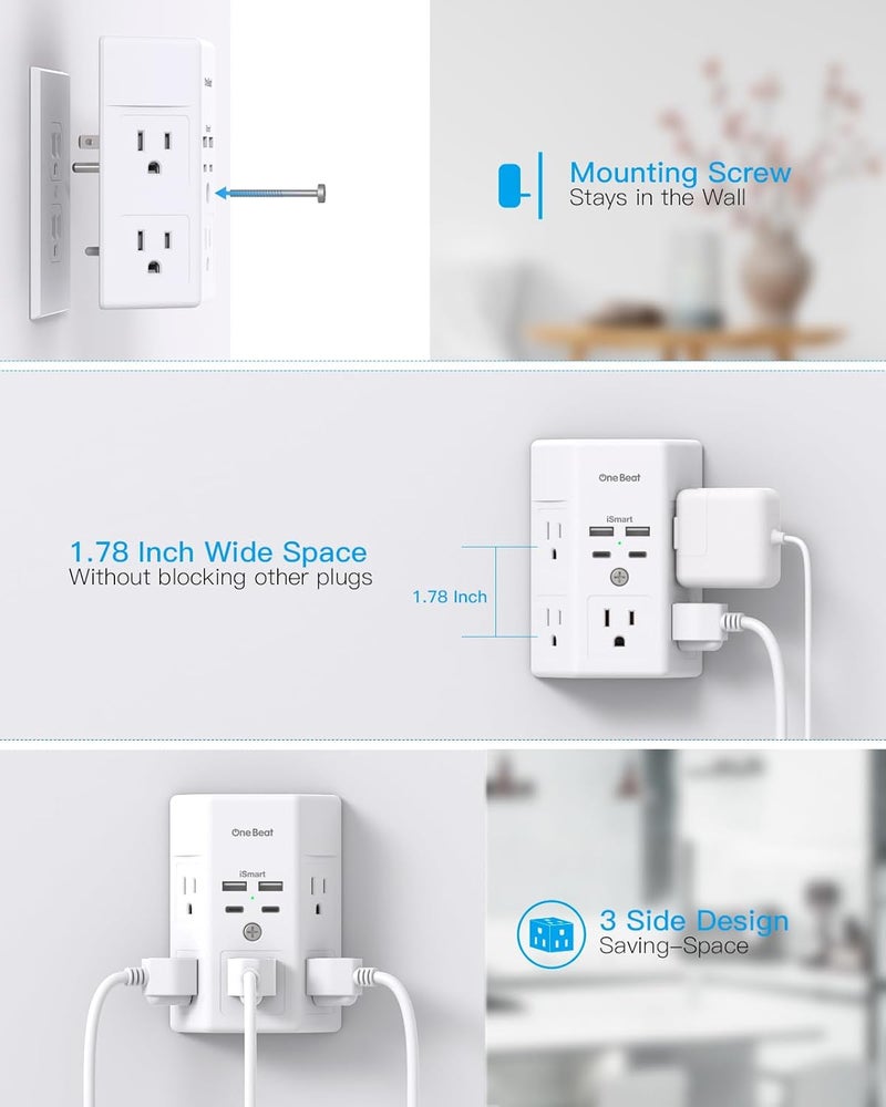 One Beat Multi Plug Outlet, Surge Protector, 5 Outlet Extender with 4 USB Ports (2 USB-C), PD 20W Wall Charger, 3-Sided 1800J Power Strip Outlets Splitter Wall Plug Adapter Spaced for Home Office, White - Image 4